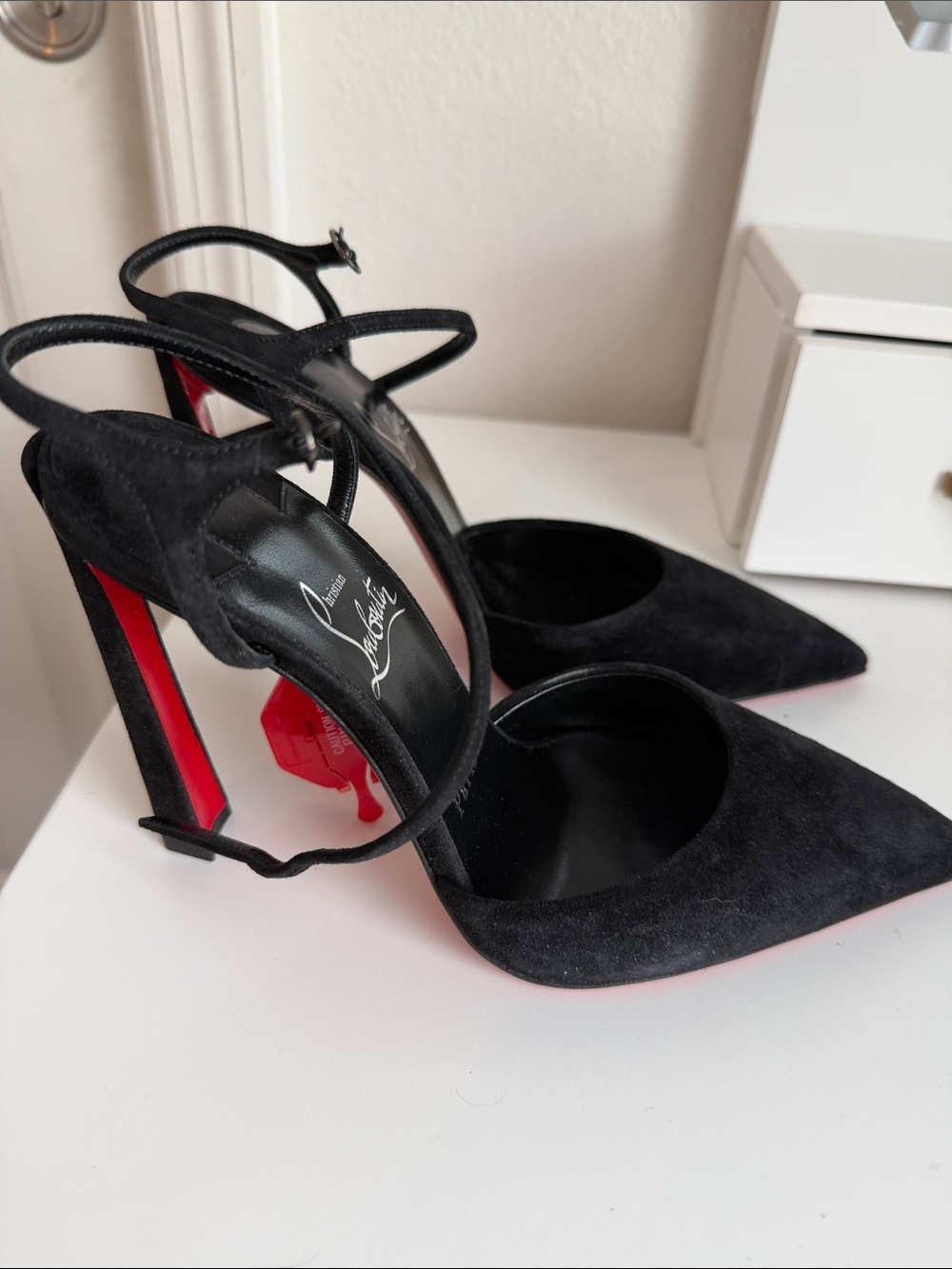 Christian Louboutin Black Suede Pointed Toe Ankle-Strap Pumps with Red Sole - Picture 4 of 5